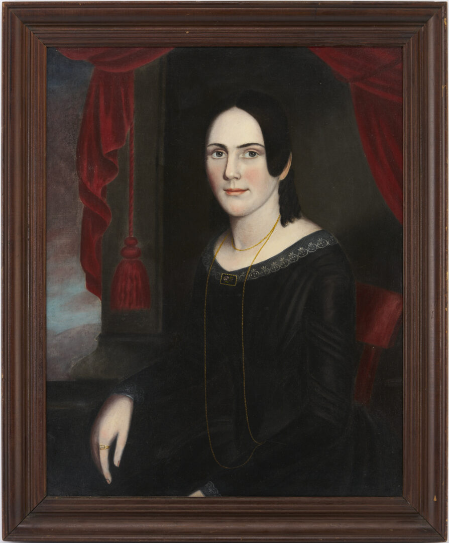 Lot 329: 19th c. Folk Art Portrait of a Lady, attr. Nelson Cook or Isaac Sheffield