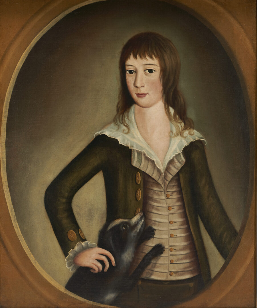 Lot 330: Sarah Bushnell Perkins O/C, Portrait of Boy with Dog, c. 1800