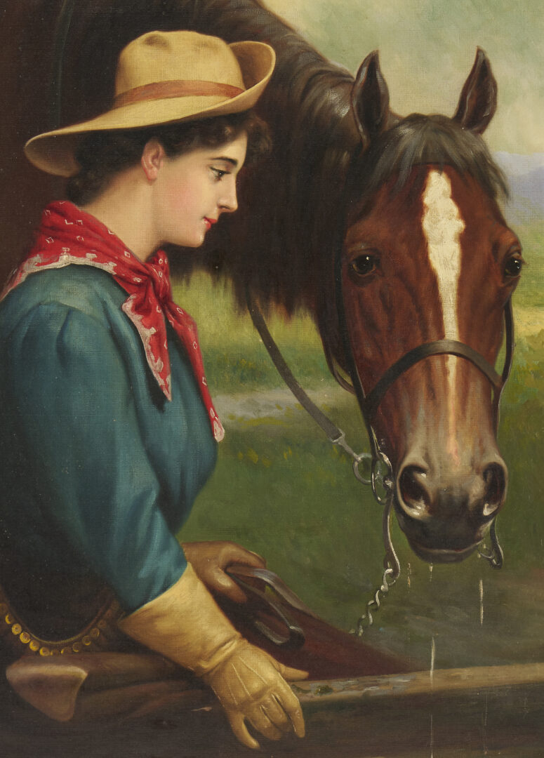 Lot 335: American School O/C Equestrian Painting, Cowgirl w/ Horse