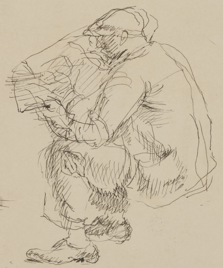Lot 337: Isabel Bishop Ink & Wash Drawing, Man Reading the Newspaper