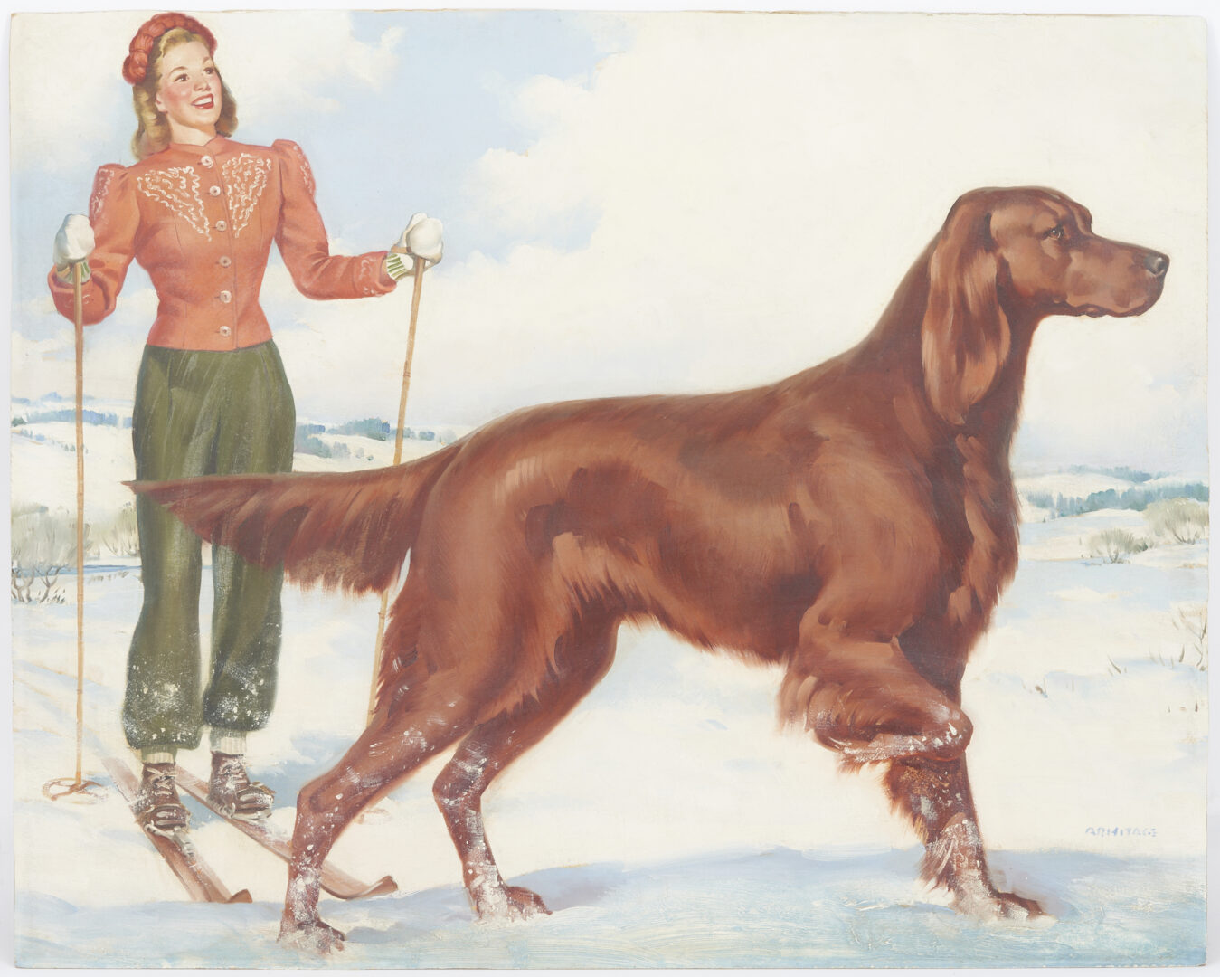 Lot 340: Arnold Armitage Pinup Illustration Art O/B, Skier and Dog