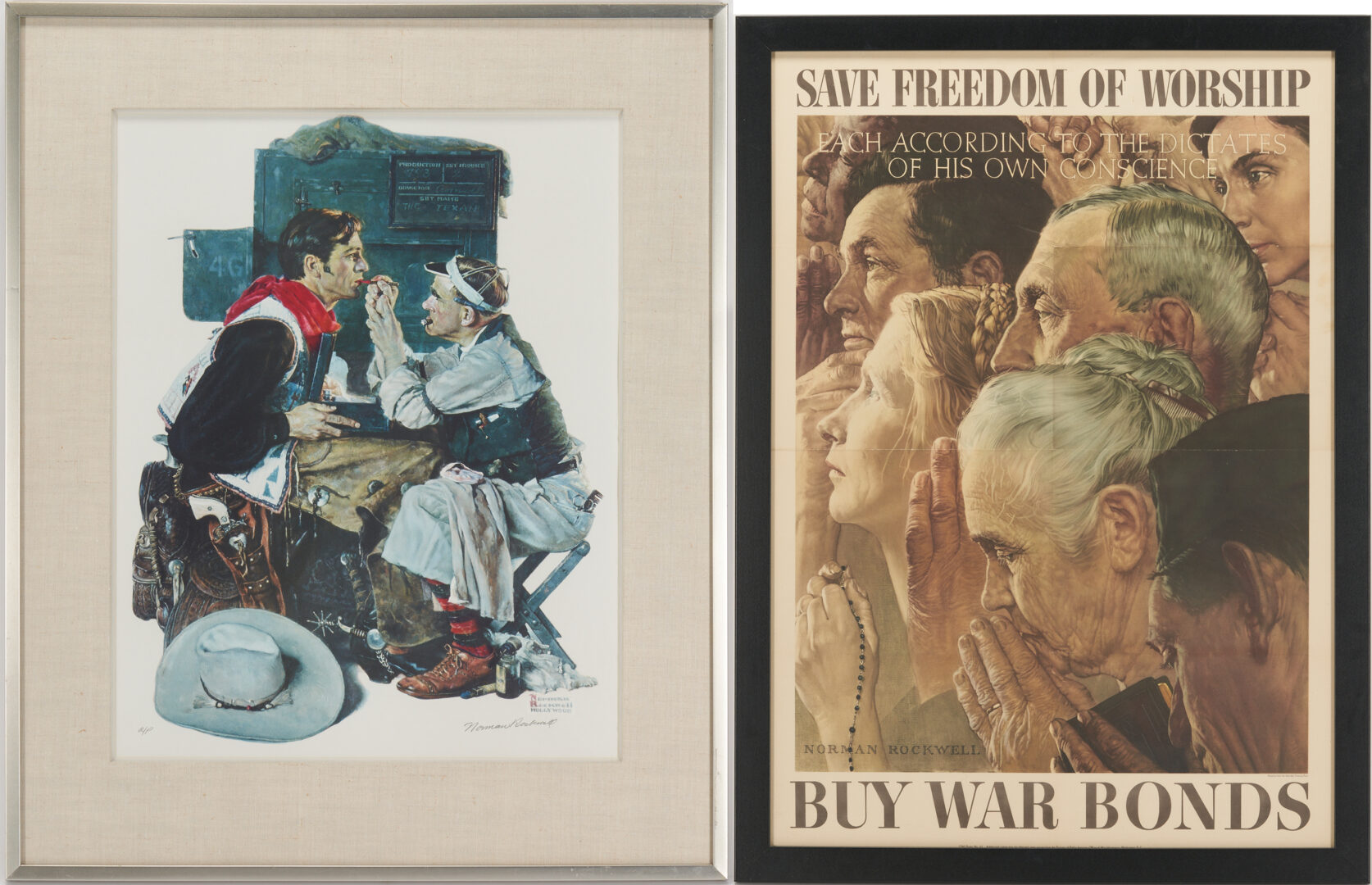 Lot 342: 2 Norman Rockwell Prints: The Texan, Signed Lithograph, & Freedom of Worship Poster