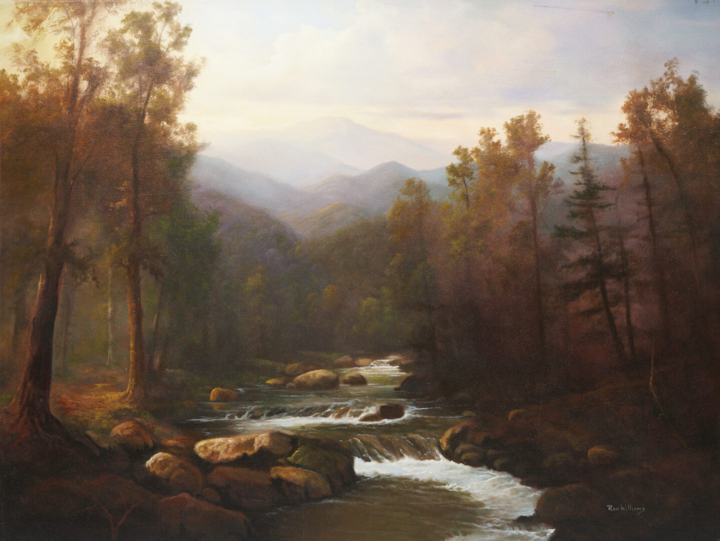 Lot 358: Ron Williams O/C Painting, Mountains & Stream