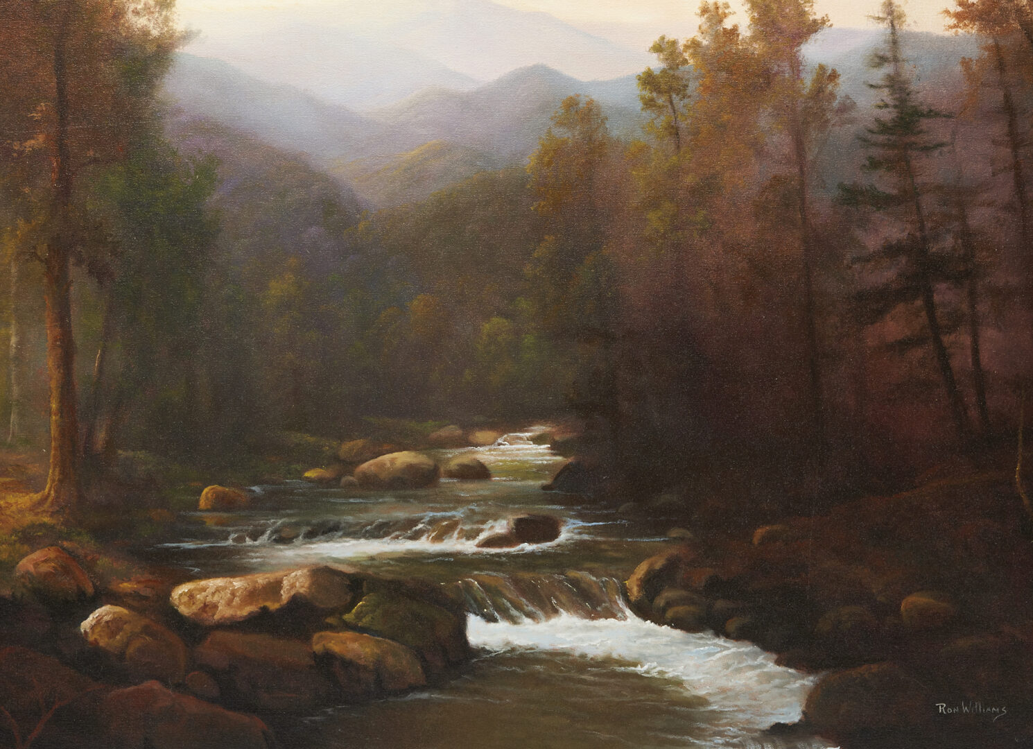 Lot 358: Ron Williams O/C Painting, Mountains & Stream