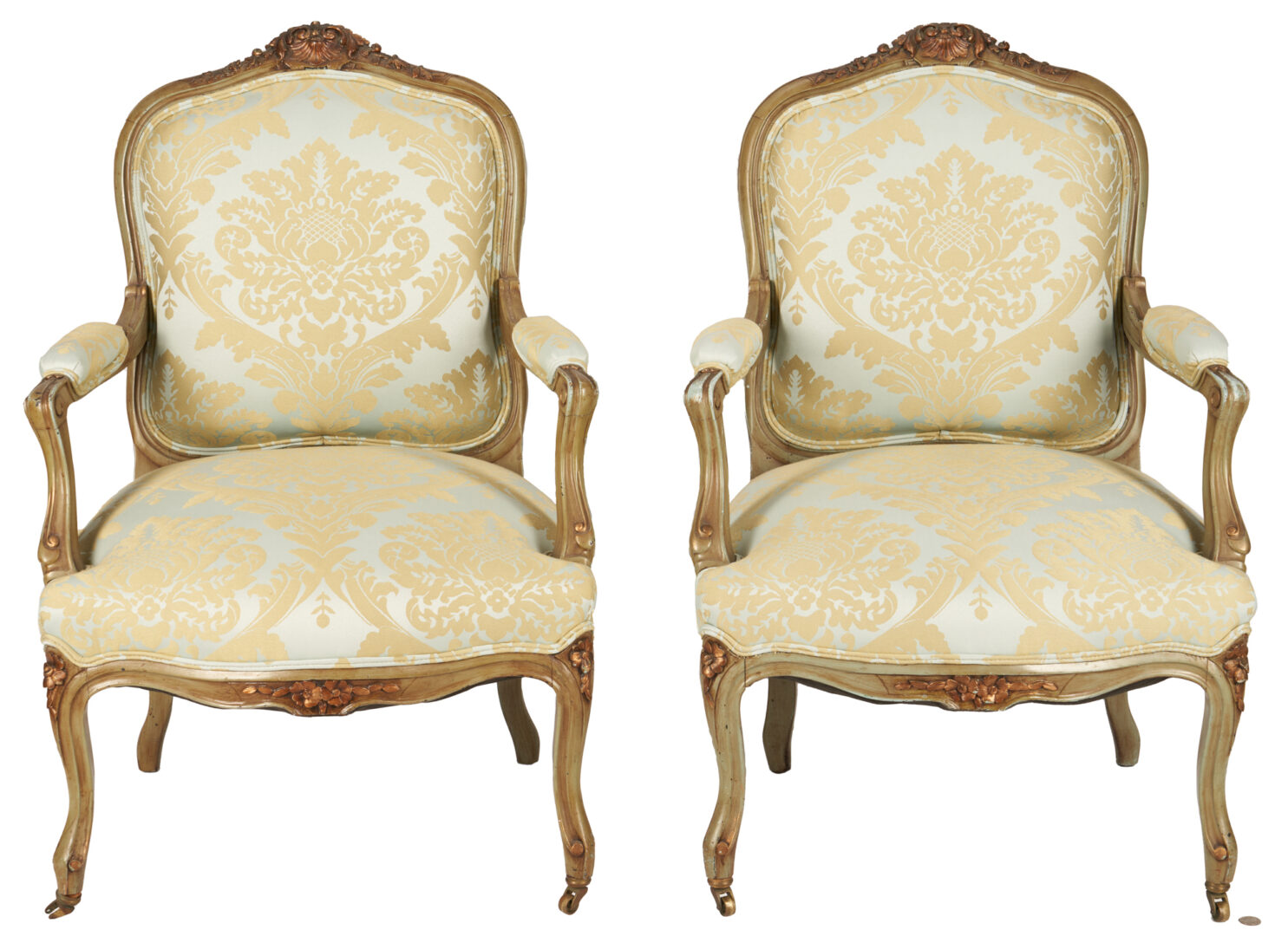 Lot 365: 4 French Louis XV Style Fauteuils w/ 2 Venetian Stools, 6 items