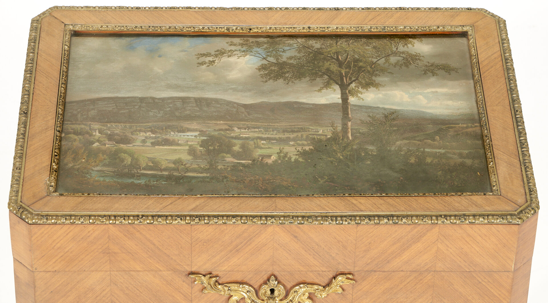 Lot 372: French Sewing Box on Stand, Painted Scenic Lid