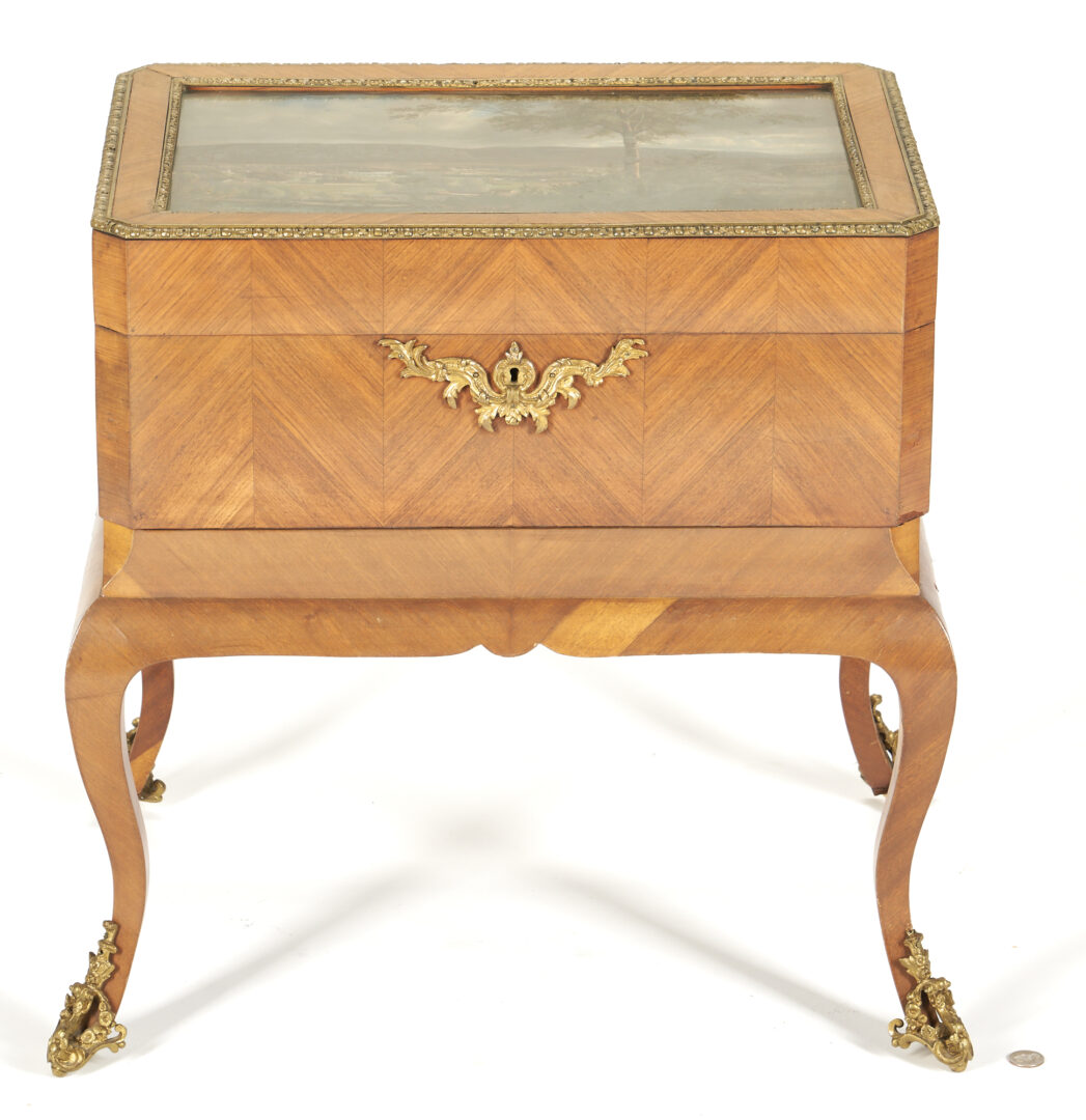 Lot 372: French Sewing Box on Stand, Painted Scenic Lid