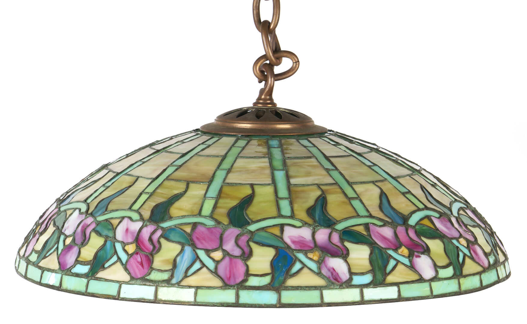 Lot 408: Duffner & Kimberly Leaded Glass Hanging Lamp, Irises