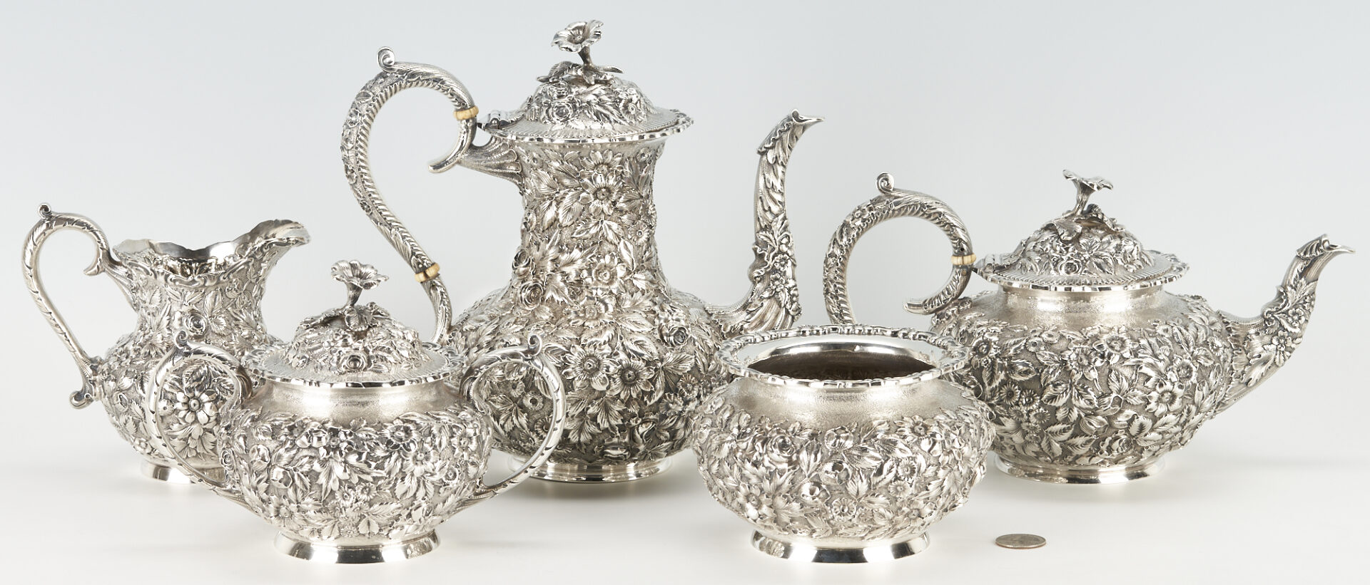 Lot 47: 5-Piece Baltimore Repousse Sterling Silver Tea Set, c. 1900