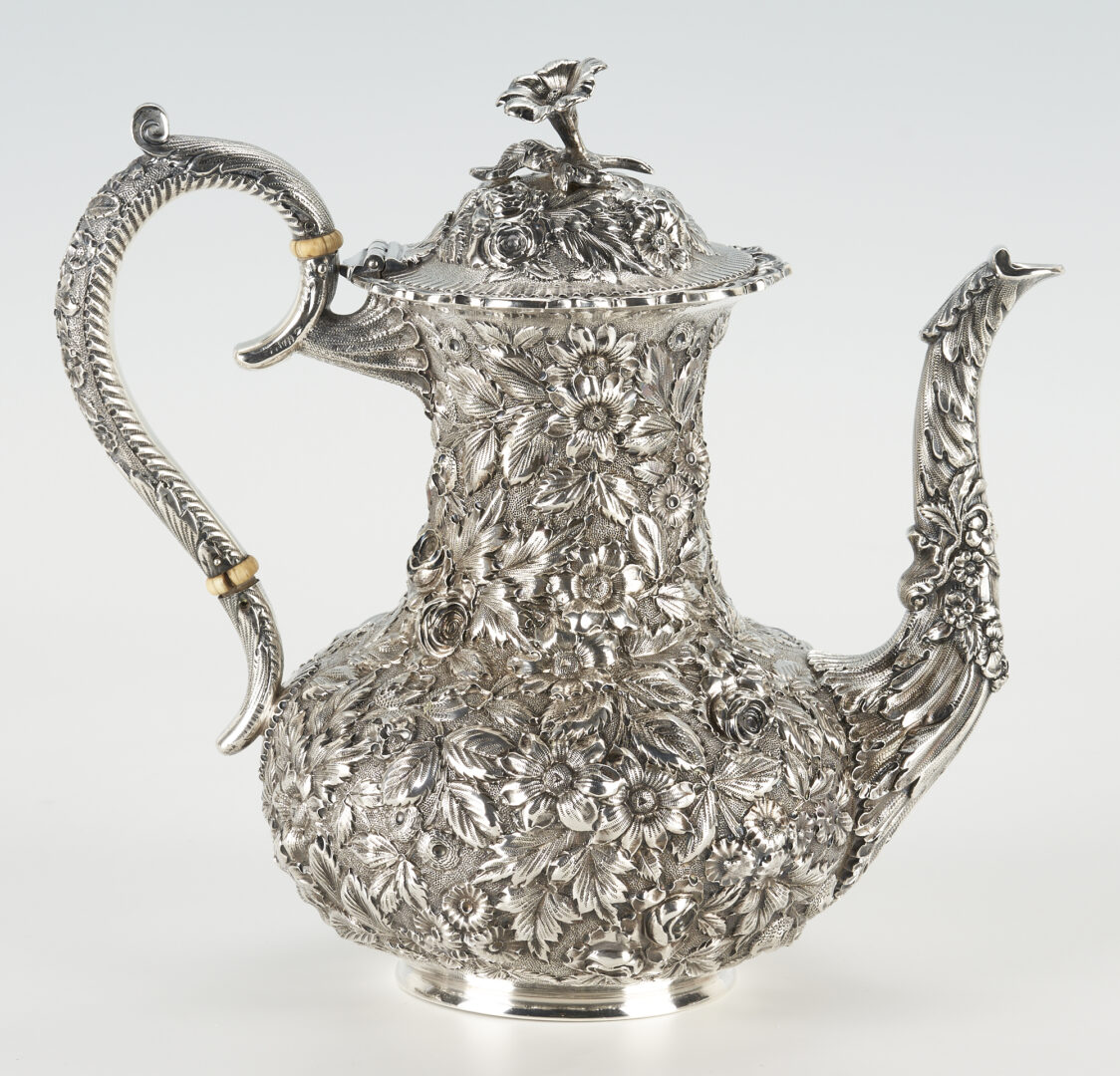 Lot 47: 5-Piece Baltimore Repousse Sterling Silver Tea Set, c. 1900