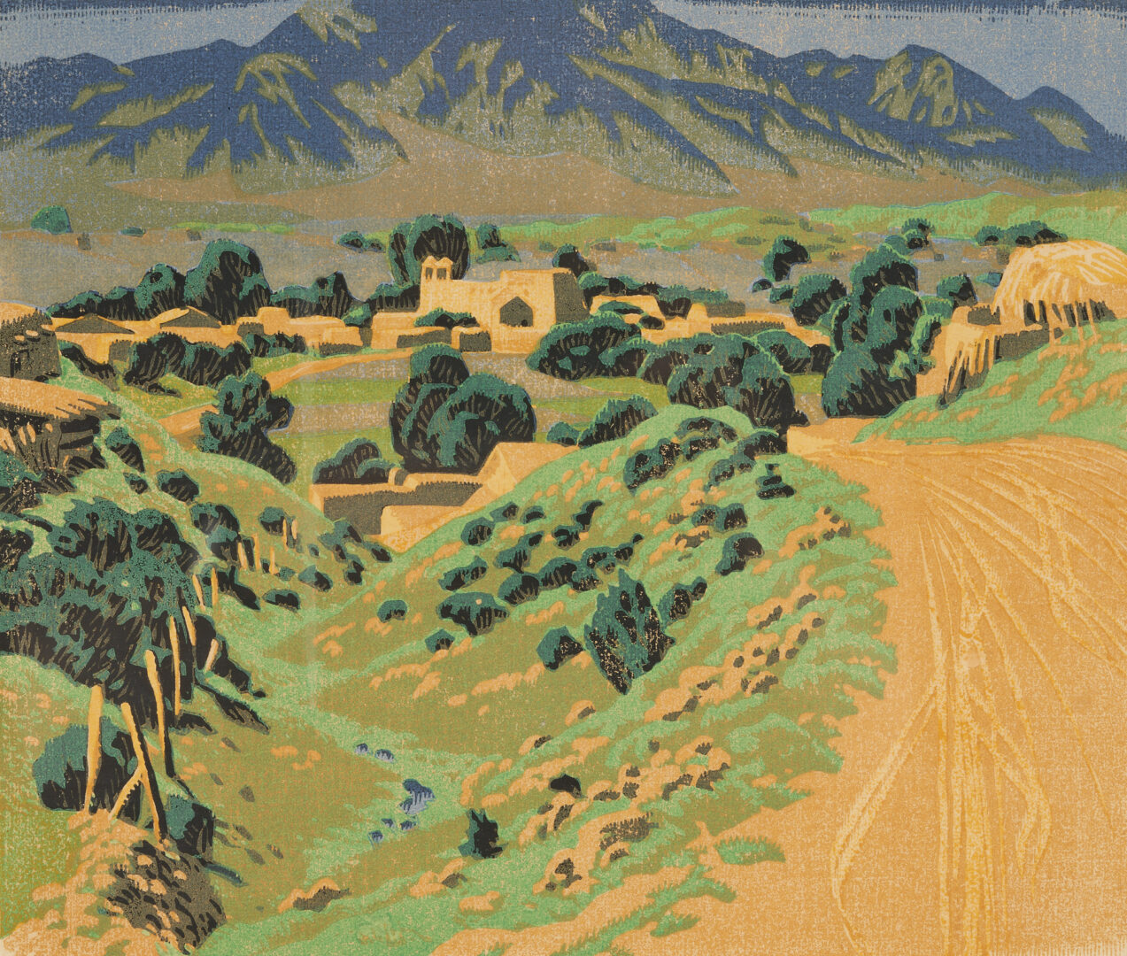 Lot 484: Gustave Baumann Southwest Color Woodcut, Ranchos de Taos
