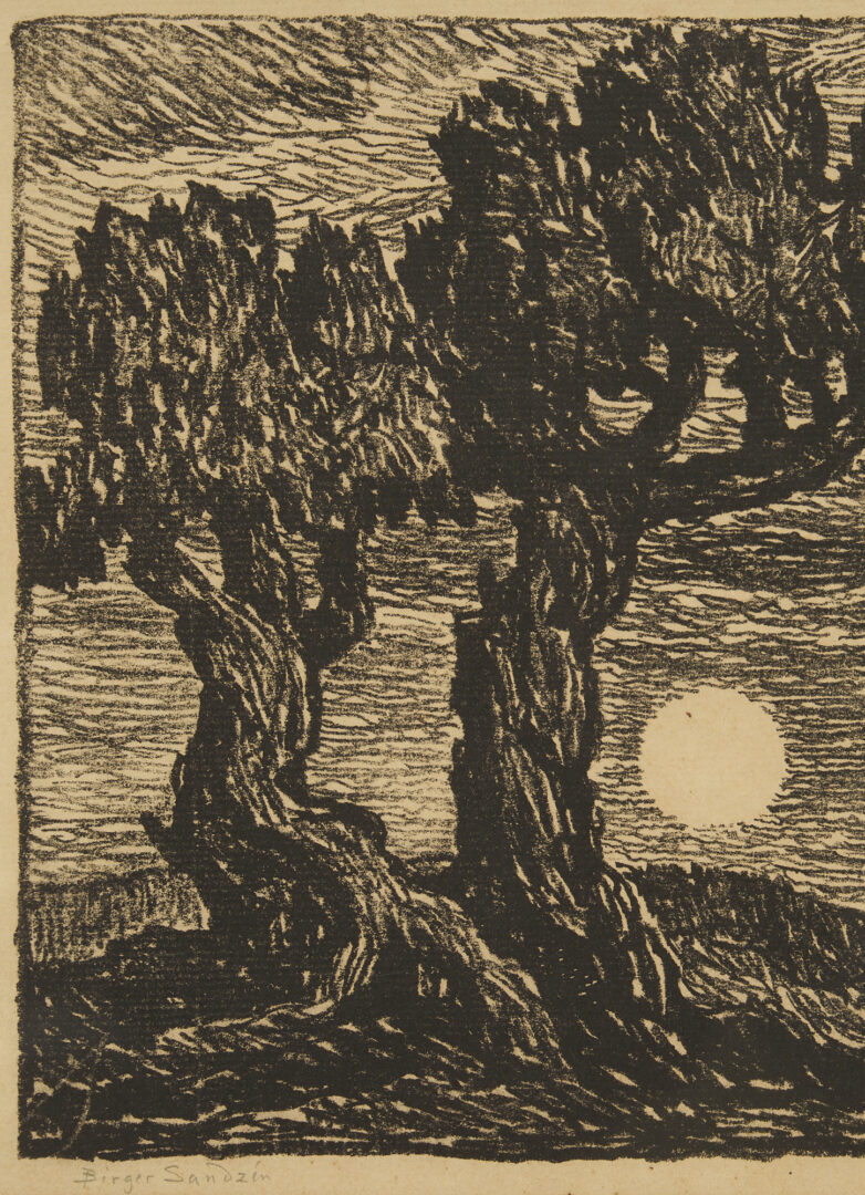Lot 485: Birger Sandzen Lithograph, Moonrise in the Foothills, 1923