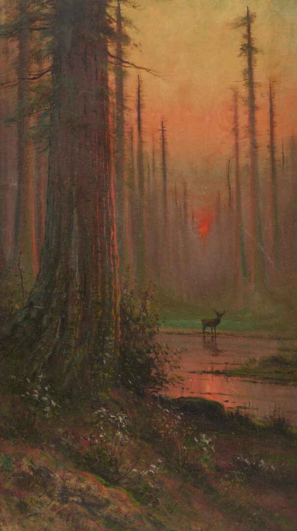 Lot 489: A.D.M. Cooper O/C Painting, California Redwoods Landscape w/ Deer