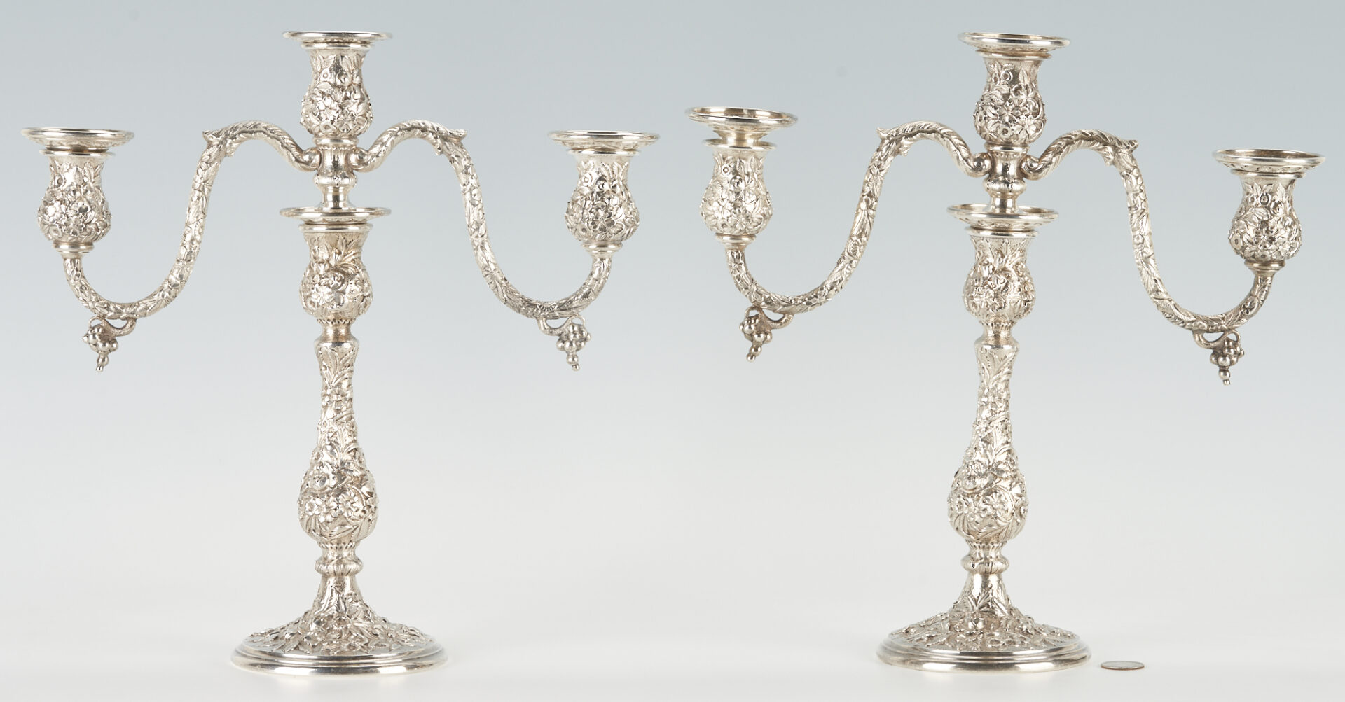 Lot 48: Pair of Tall Kirk Repousse Sterling Convertible Candelabra, Hand Decorated