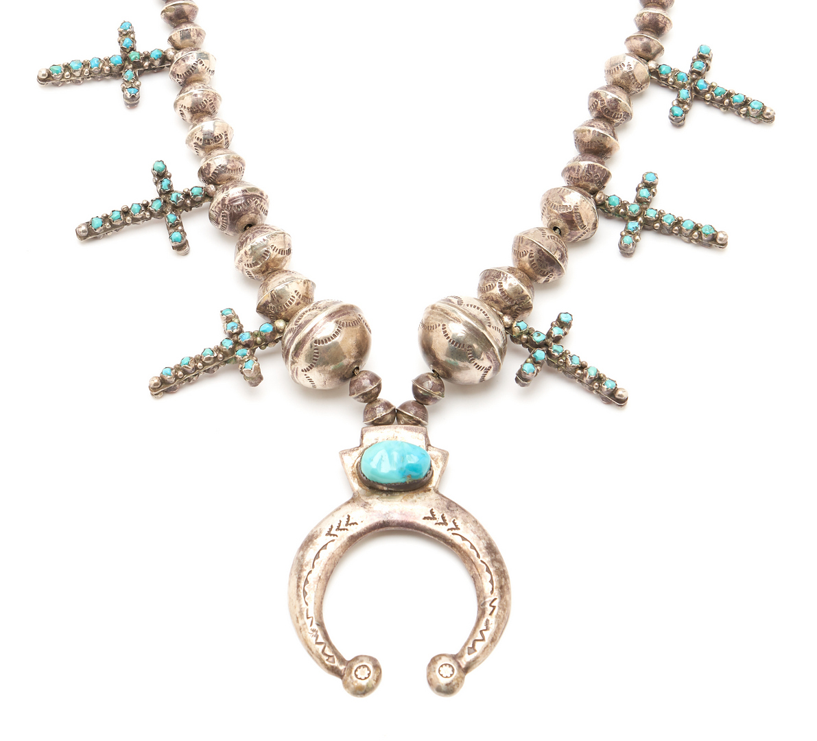 Lot 504: 3 Navajo Multi Stone Jewelry Items, incl. Cross Squash Blossom Necklace