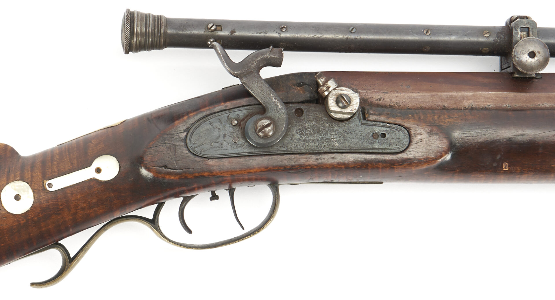 Lot 526: Percussion Rifle w "L.N. Mogg" Scope, MoP Inlay; Walter Cline Collection