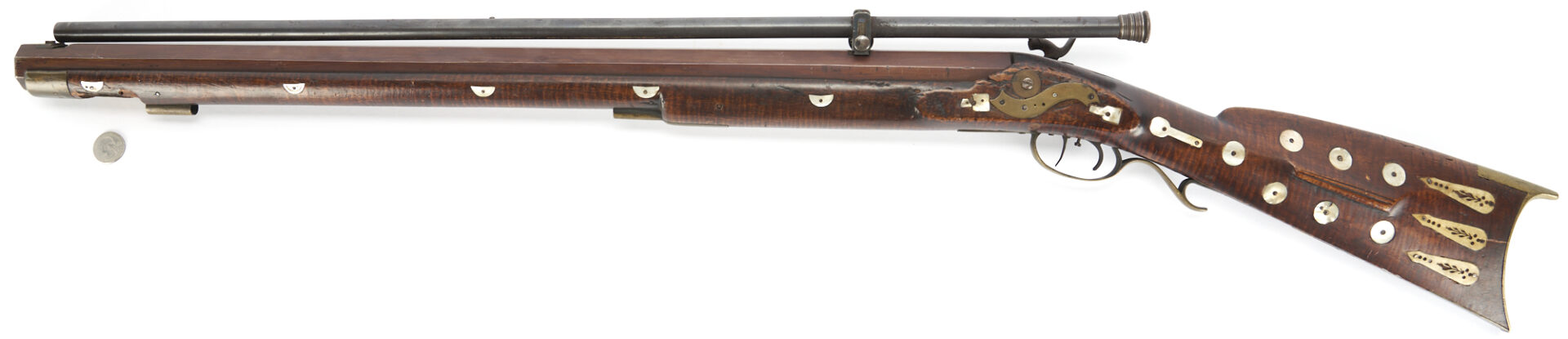 Lot 526: Percussion Rifle w "L.N. Mogg" Scope, MoP Inlay; Walter Cline Collection