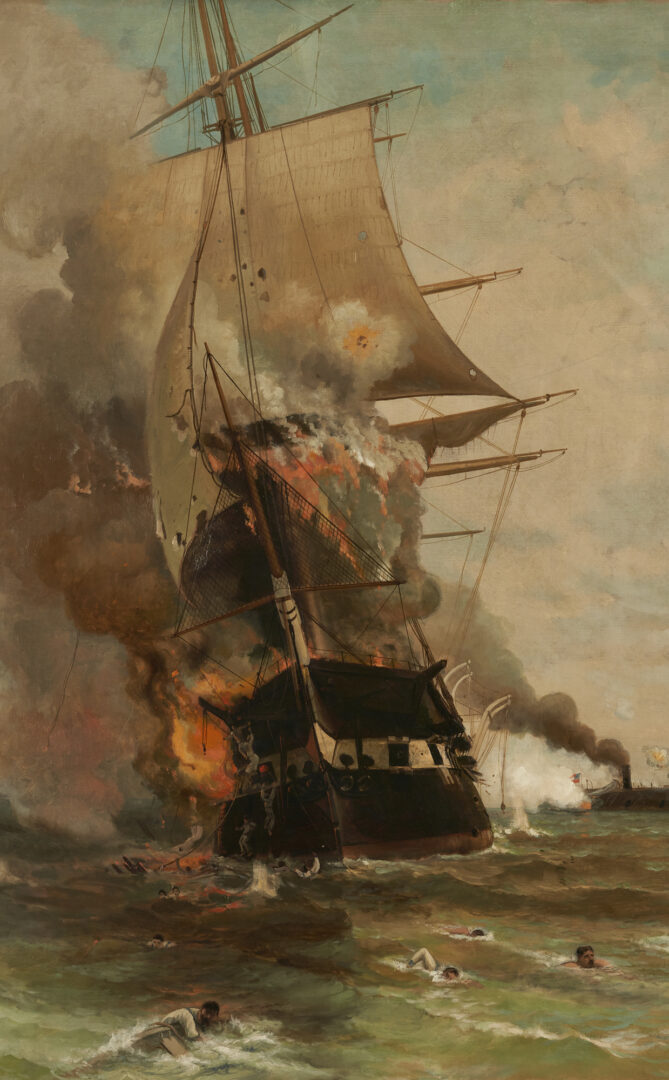 Lot 538: Julian O. Davidson O/C, The Burning of the USS Congress, 1892