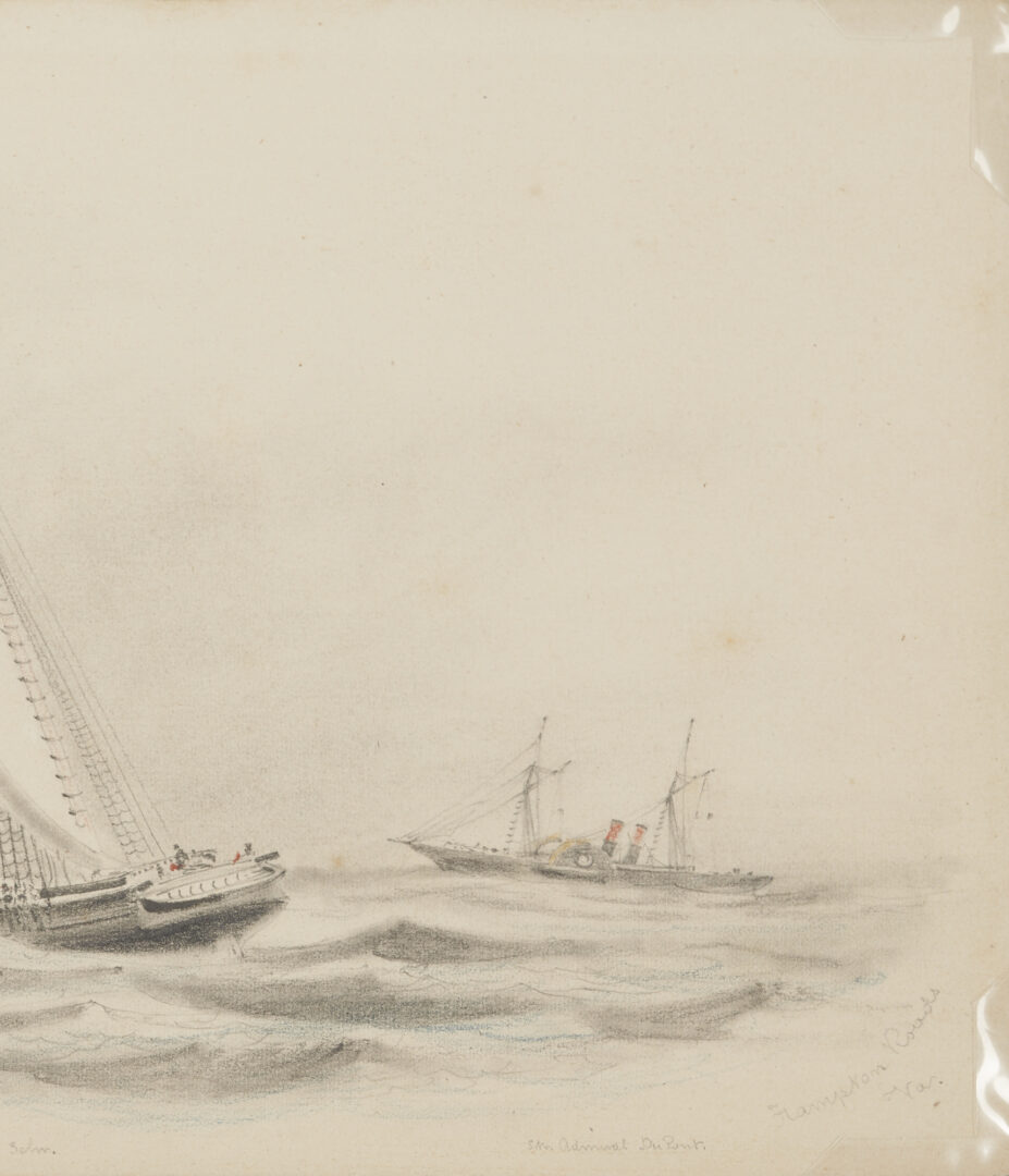 Lot 540: Xanthus Smith Drawing, Ships at Hampton Roads incl. Admiral DuPont, 1864