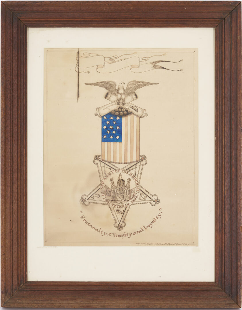 Lot 542: GAR ink & watercolor Civil War related drawing, by Cyrus M. Booth
