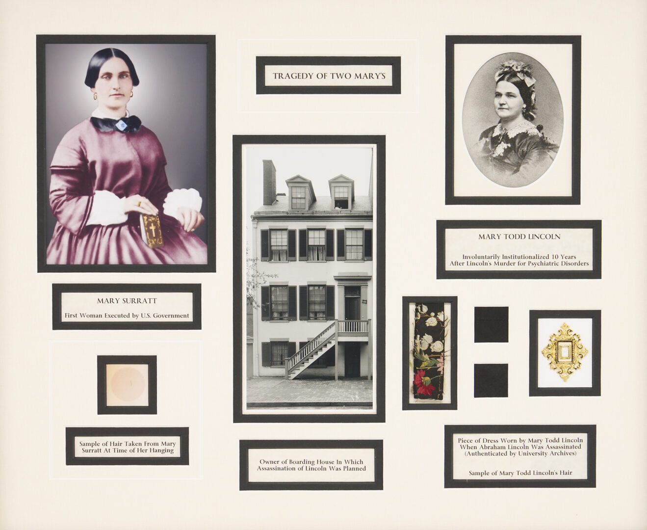 Lot 556: Mary Todd Lincoln Dress Fragment and Hair Sample in Shadowbox