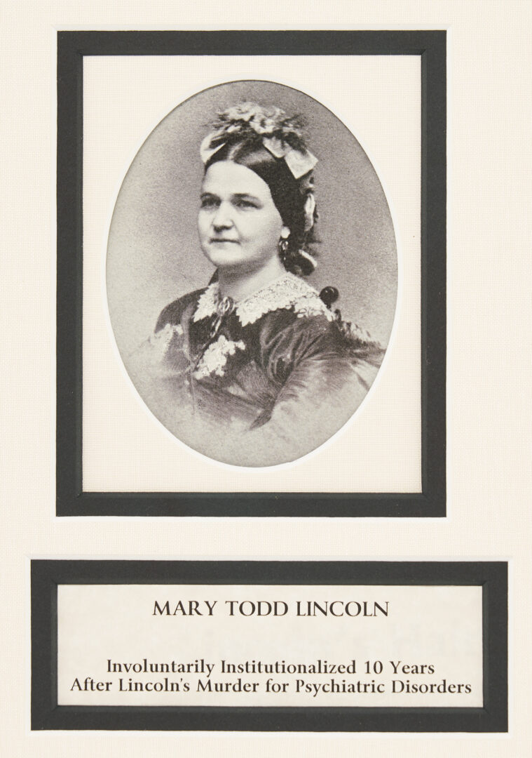 Lot 556: Mary Todd Lincoln Dress Fragment and Hair Sample in Shadowbox