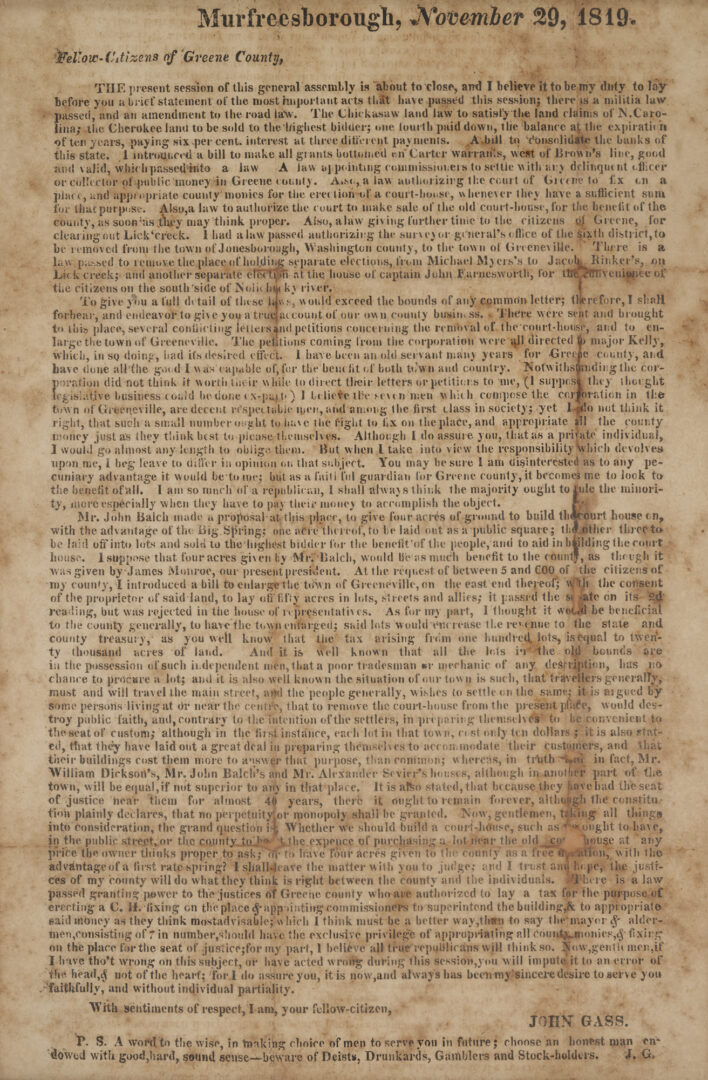 Lot 562: 1819 Greene County, TN Broadside by John Gass, Overmountain Man, w/ Native Land Content