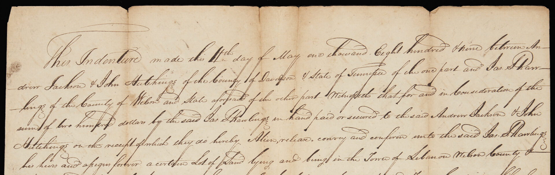 Lot 564: Andrew Jackson Signed 1809 Land Indenture, Lebanon, TN