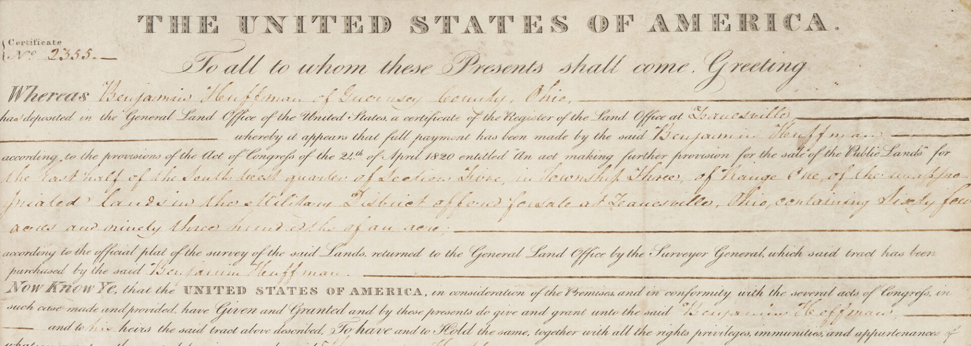 Lot 565: Andrew Jackson Signed Ohio Land Grant, 1830