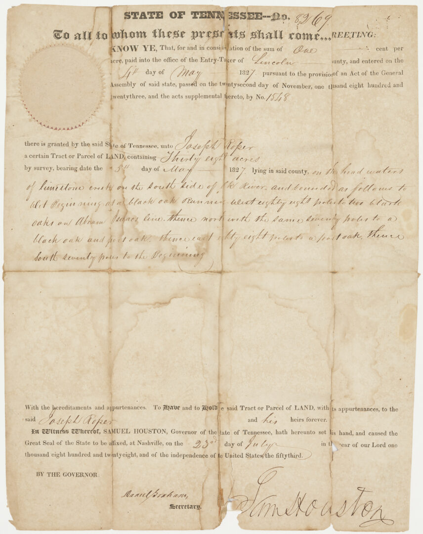 Lot 567: Sam Houston signed land grant, 1827, Lincoln County