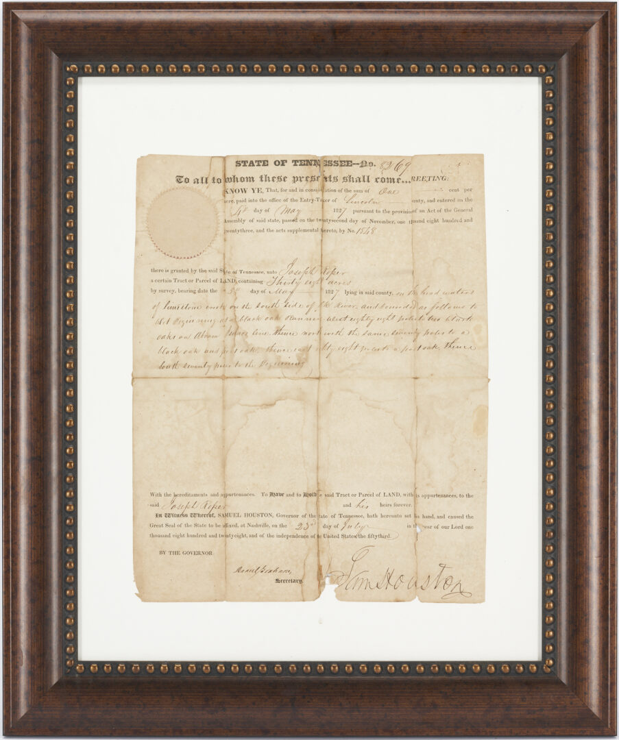 Lot 567: Sam Houston signed land grant, 1827, Lincoln County