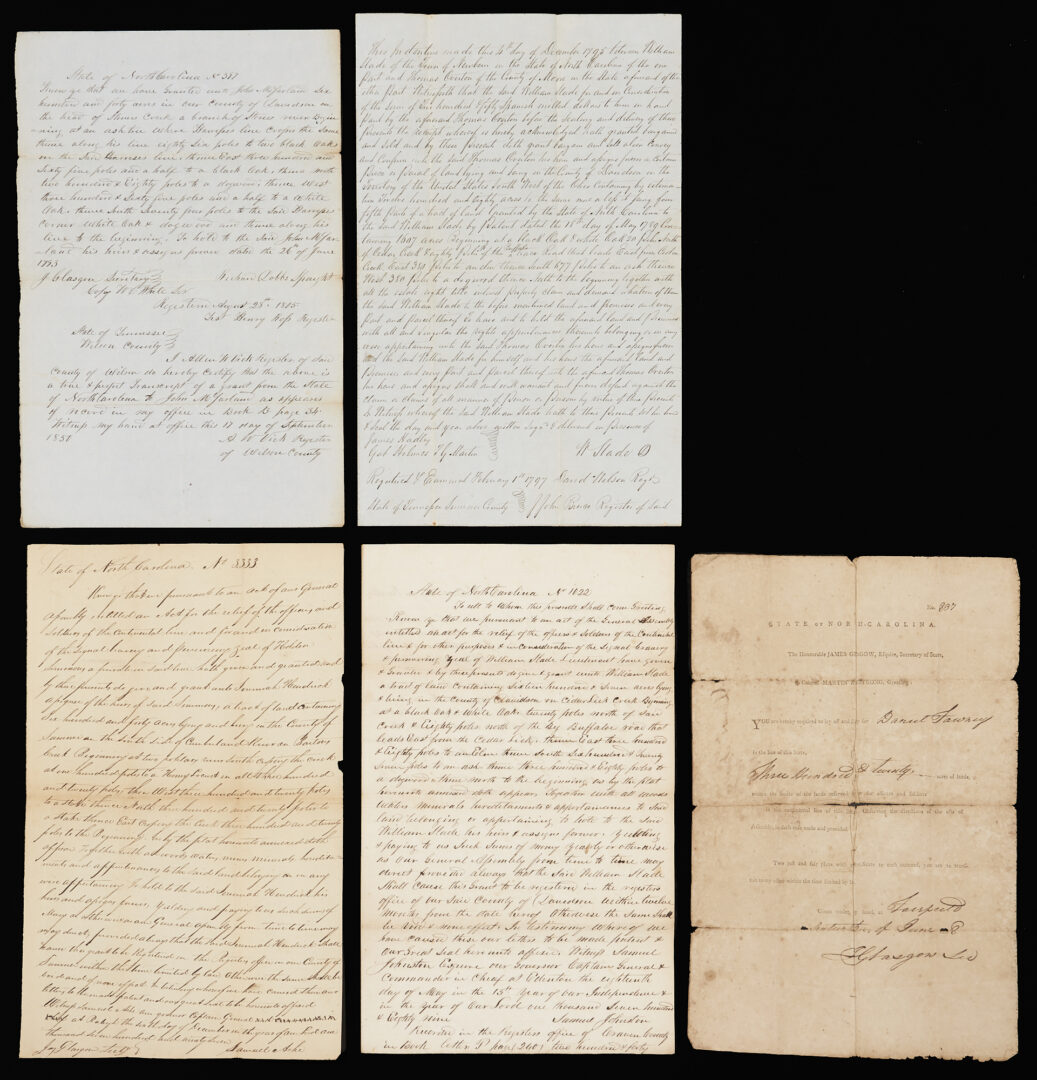Lot 569: 5 NC/TN Land Grant Documents incl. James Glasgow Signed & Overton Related