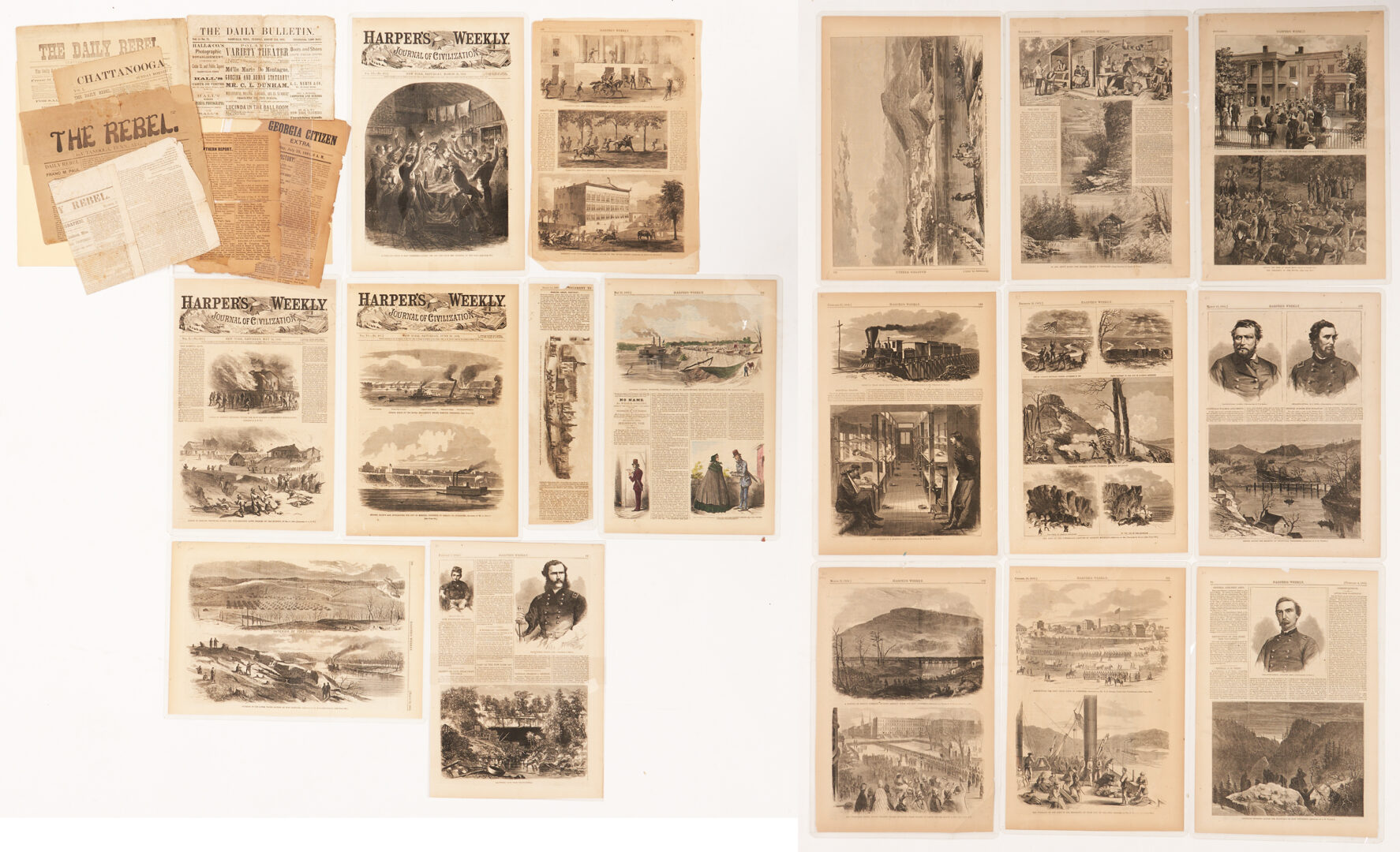 Lot 575: 6 Civil War Newspapers incl. Chattanooga Rebel plus Harper's Weekly Southern War Scenes