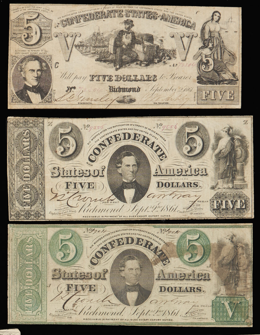 Lot 589: 15 Confederate States Obsolete Currency Notes, $5, $2 & $1