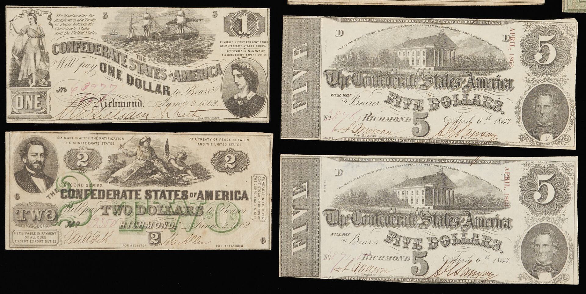 Lot 589: 15 Confederate States Obsolete Currency Notes, $5, $2 & $1