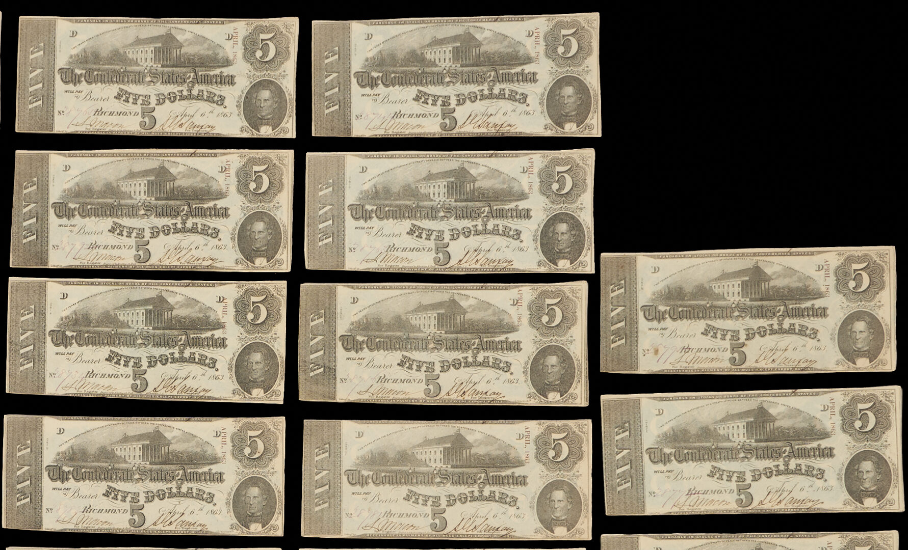 Lot 591: Group of 45 $5 1863 Confederate States Obsolete Currency Notes