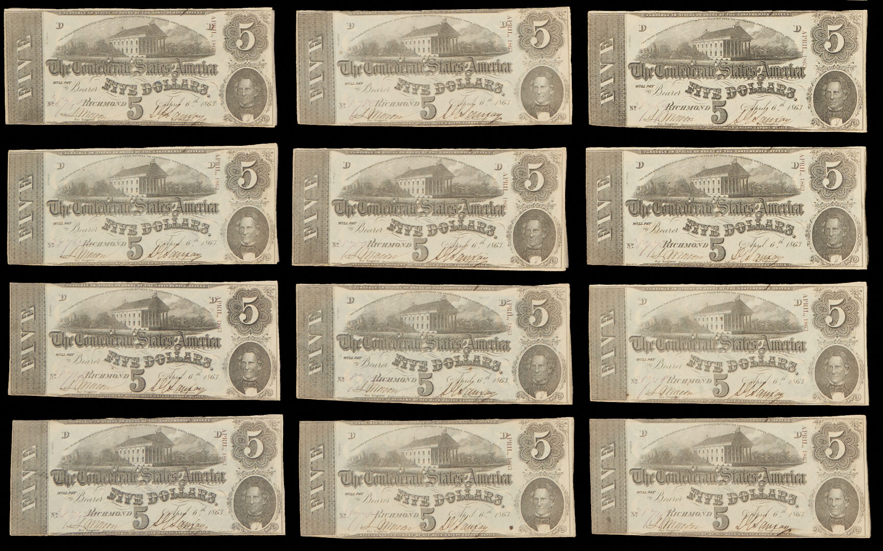 Lot 591: Group of 45 $5 1863 Confederate States Obsolete Currency Notes