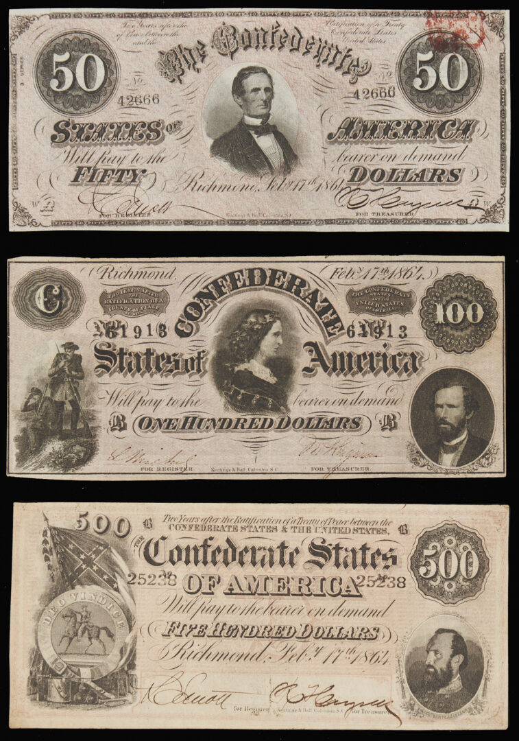 Lot 592: 3 Confederate States Obsolete Currency Notes, $500, $100 & $50