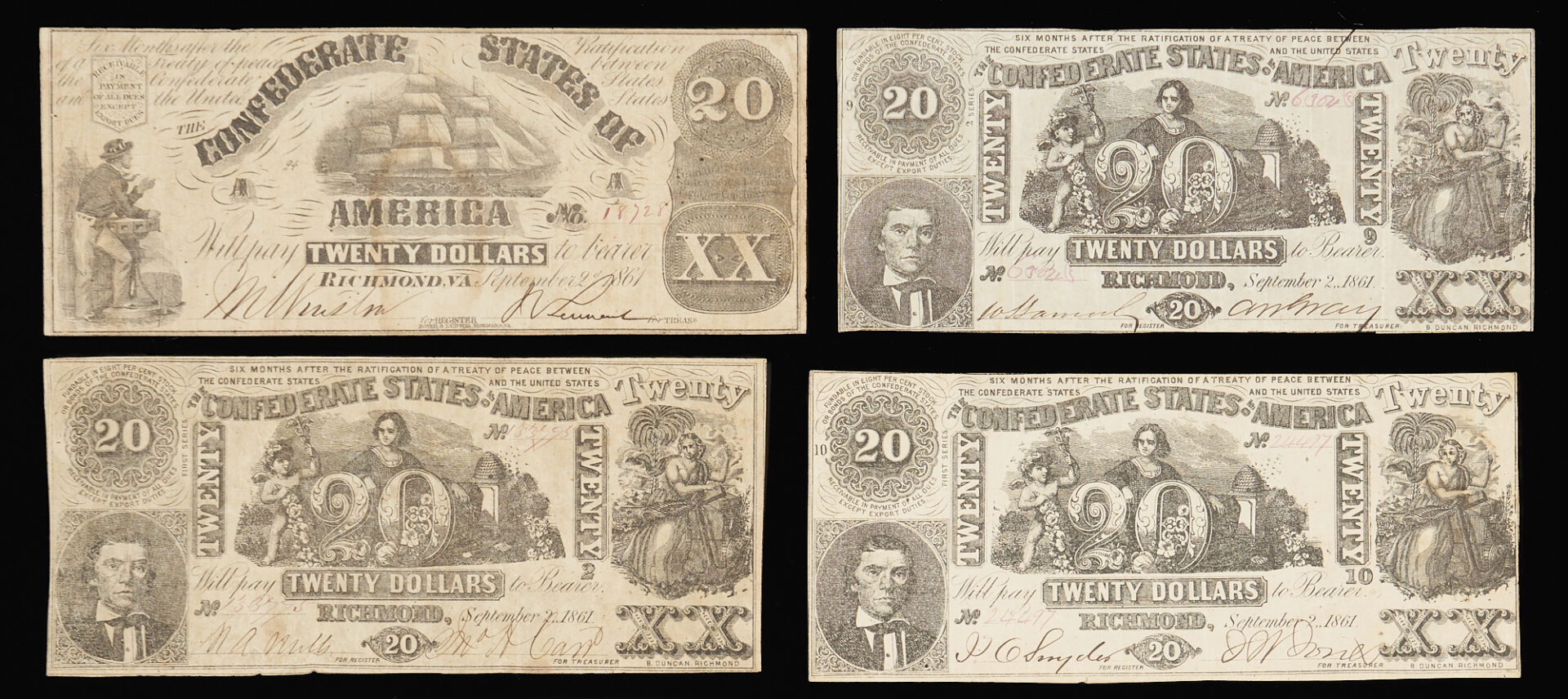 Lot 594: 10 $20 Confederate States Obsolete Currency Notes
