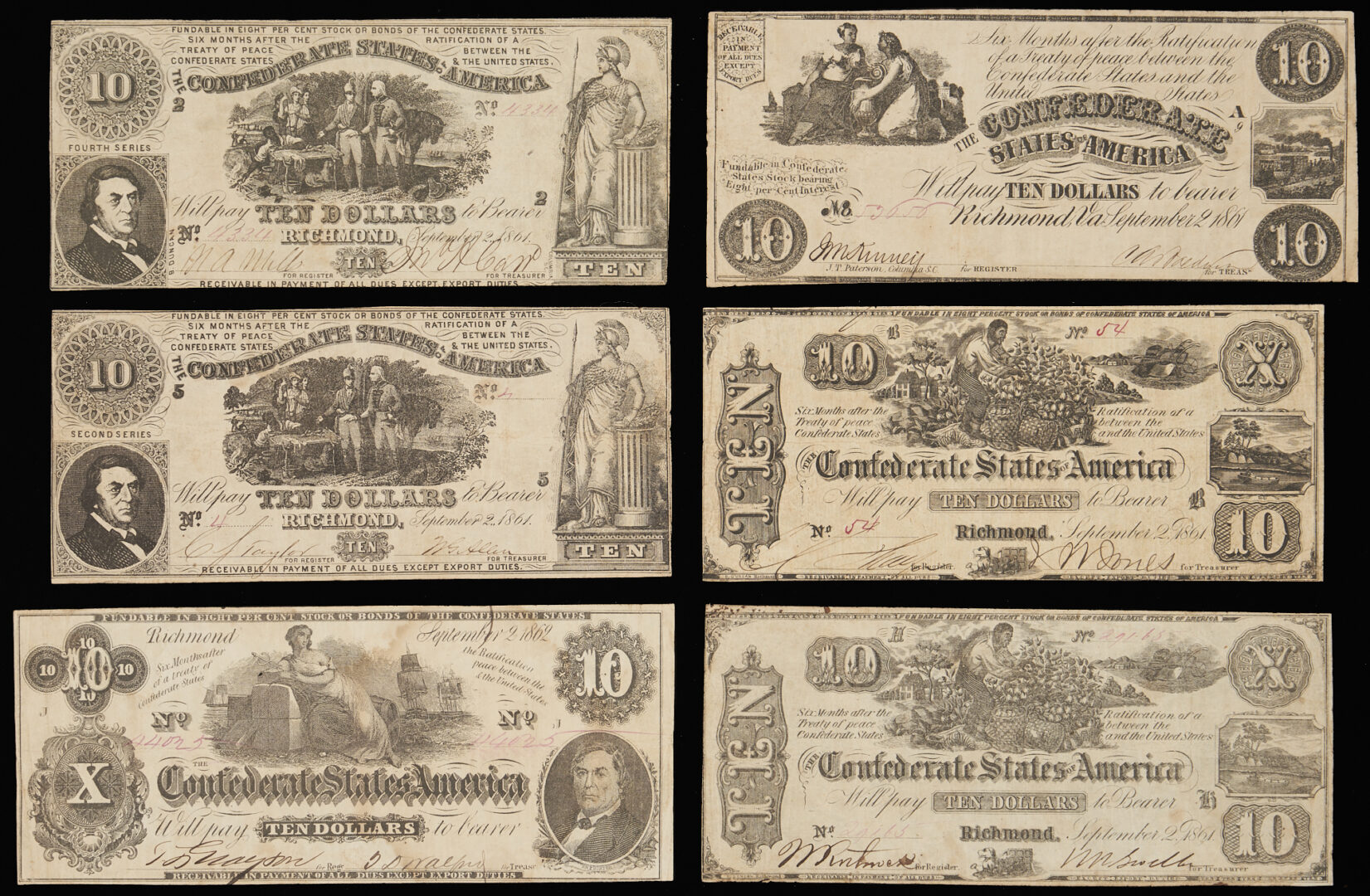 Lot 597: 6 Confederate States $10 Obsolete Currency Notes