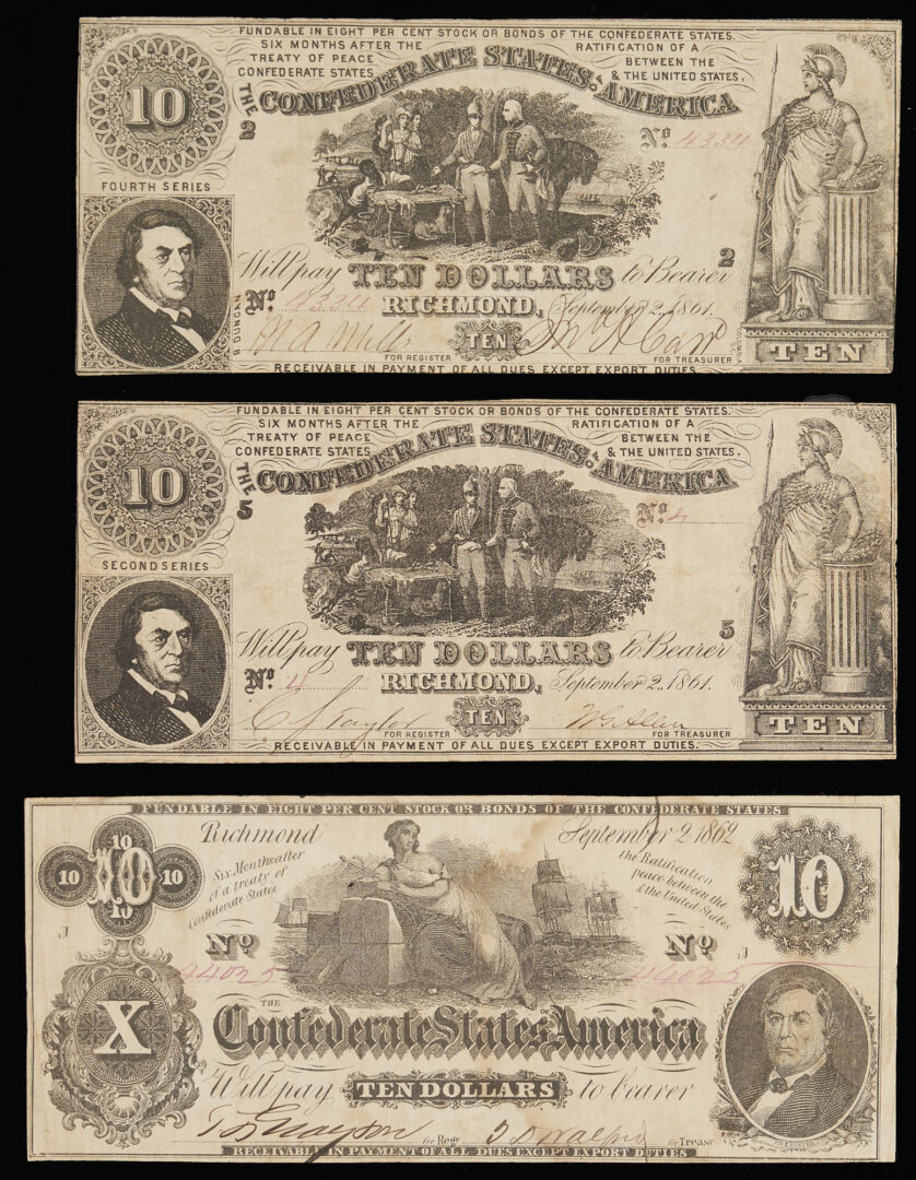Lot 597: 6 Confederate States $10 Obsolete Currency Notes