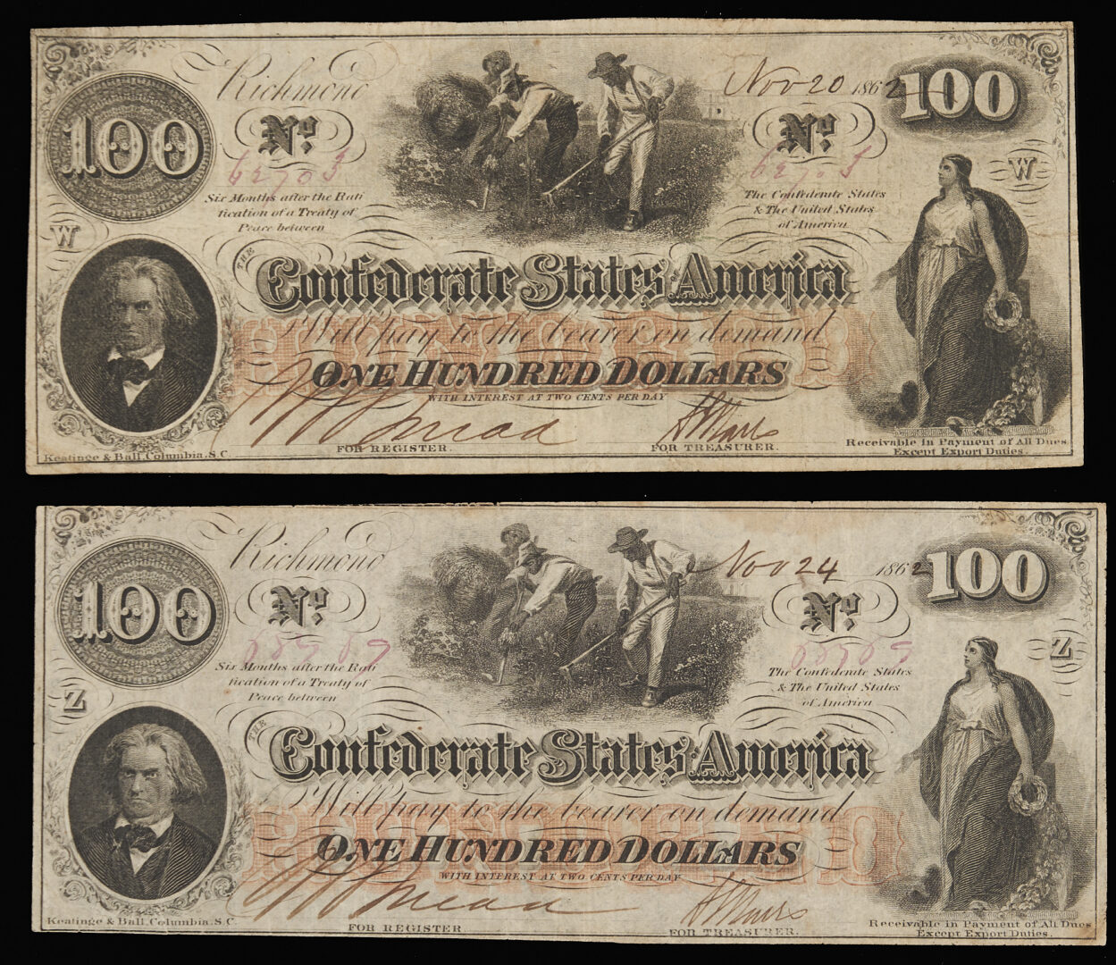 Lot 598: 4 $100 Confederate States Obsolete Currency Notes