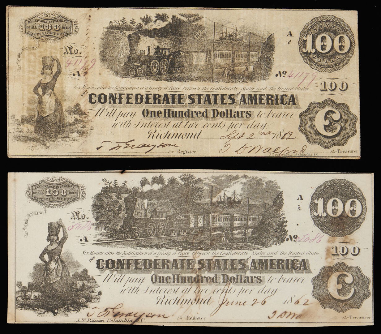 Lot 598: 4 $100 Confederate States Obsolete Currency Notes