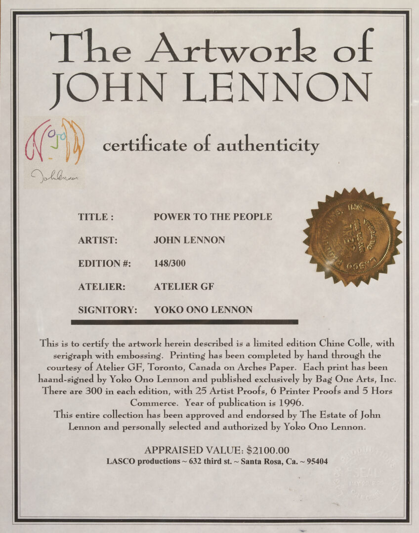 Lot 612: John Lennon Power to the People Serigraph, Yoko Ono Signed