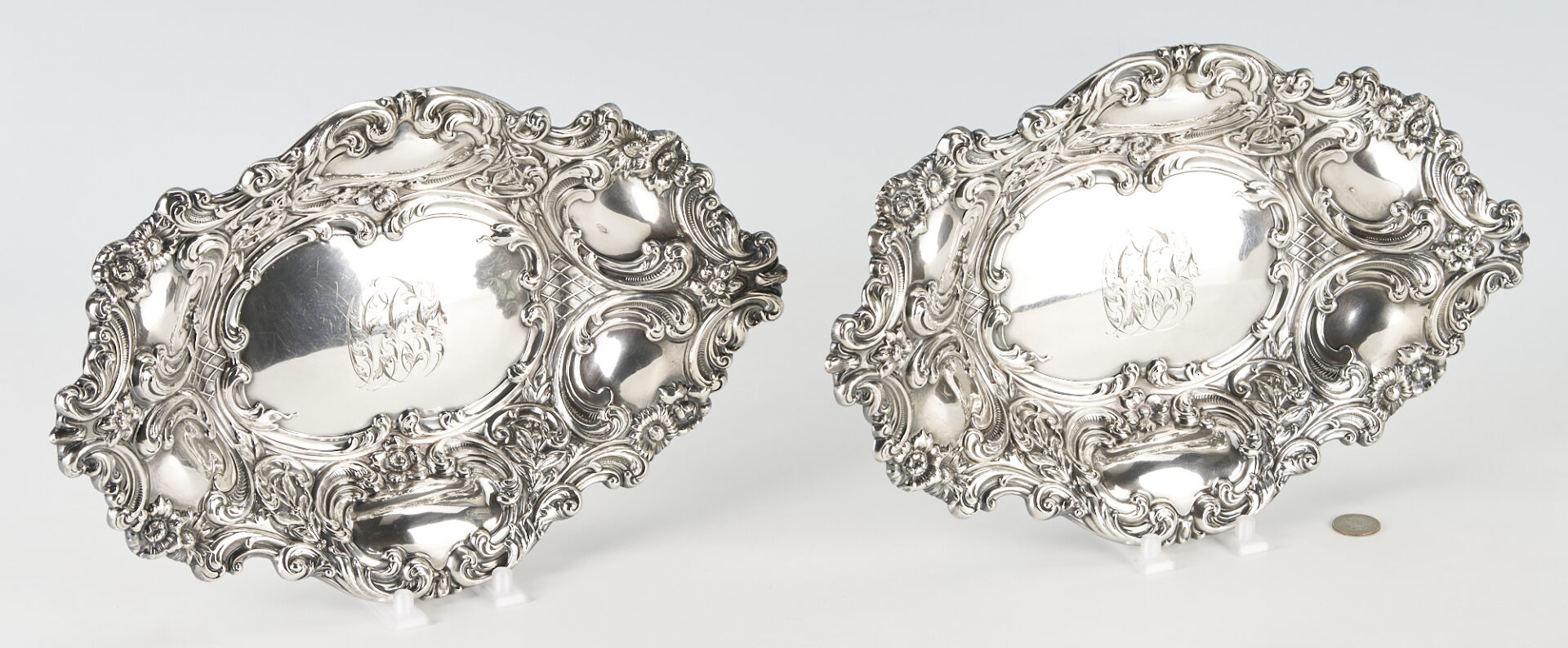 Lot 629: Pair Oval Rococo Style Sterling Silver Serving Dishes, Dominick & Haff