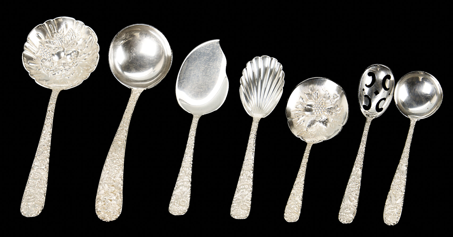 Lot 643: 18 pcs Sterling Silver Serving Flatware, Kirk Repousse and Steiff Rose