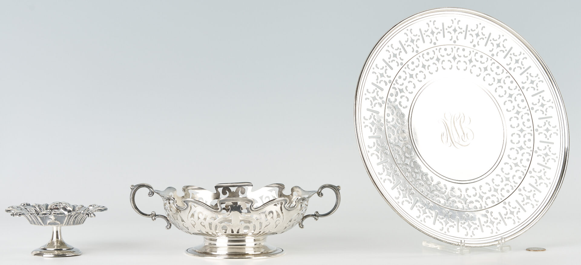 Lot 650: 3 Sterling Items, incl. Gorham Footed Plate, Round Basket & Candy Compote