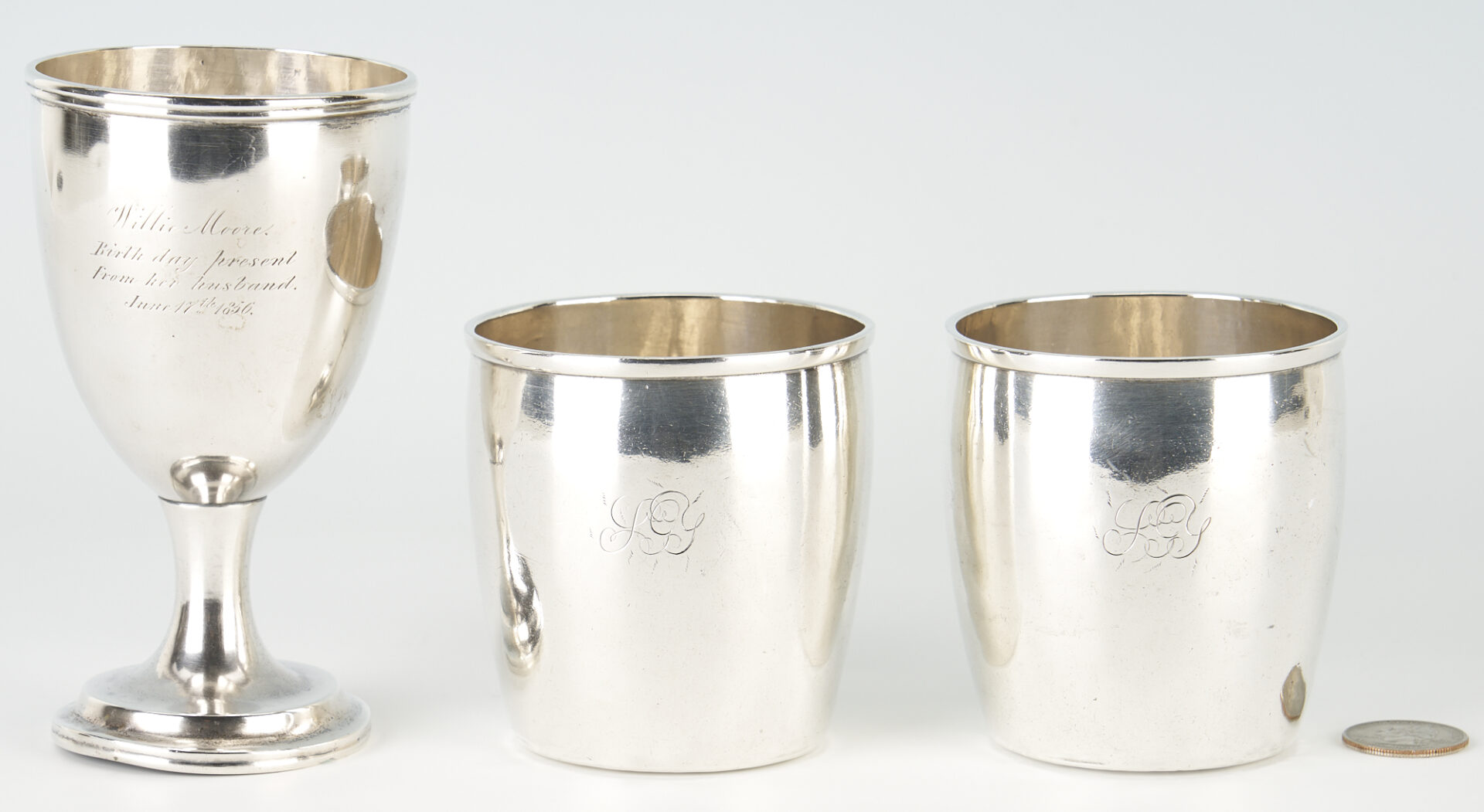 Lot 655: 1 Coin Silver Goblet and 2 Marquand Coin Silver Cups