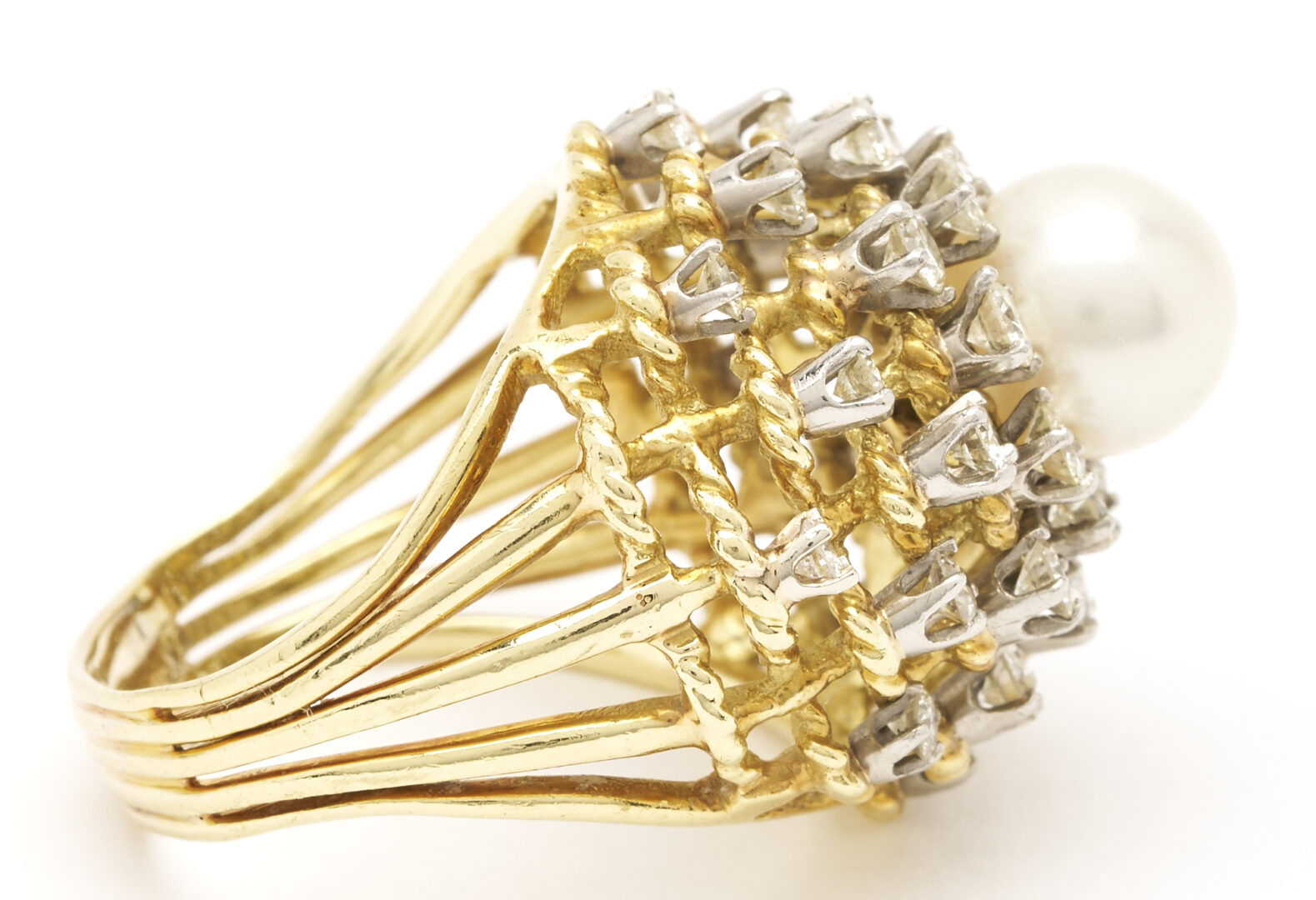 Lot 682: 18K Beehive Style Pearl & Diamond Ring