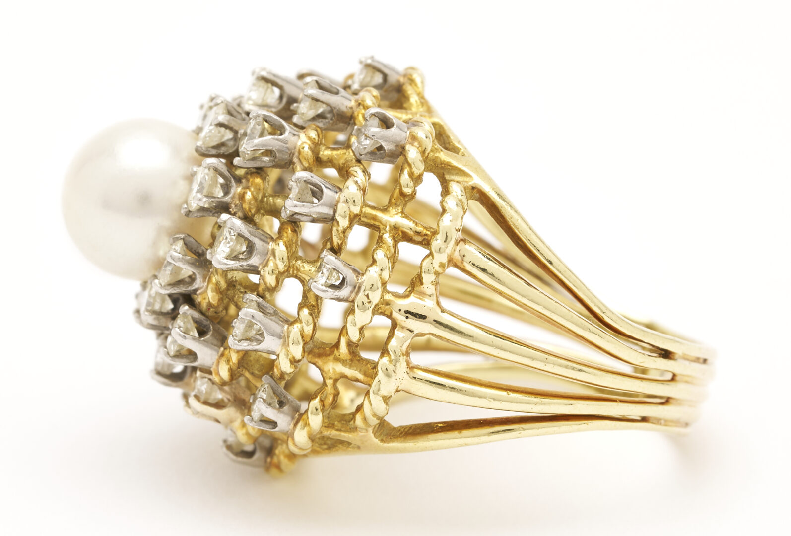 Lot 682: 18K Beehive Style Pearl & Diamond Ring